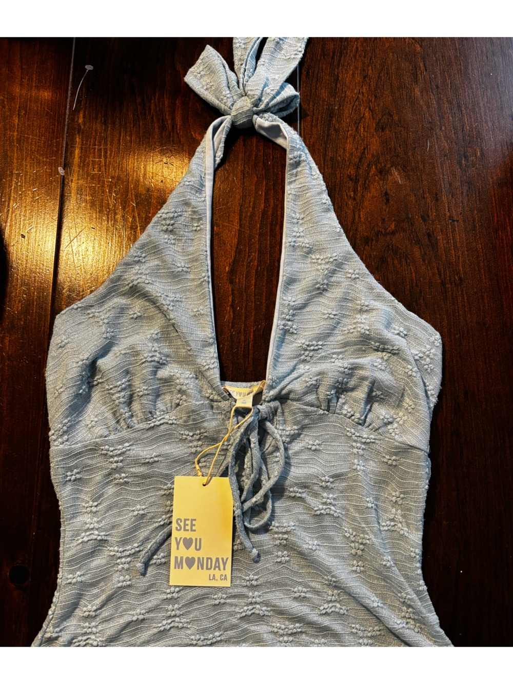 See You Monday Powder Blue Textured Camisole with Tie Front